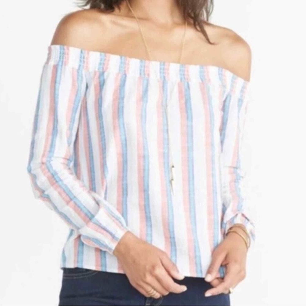 Marine layer striped off the shoulder linen top rosalita